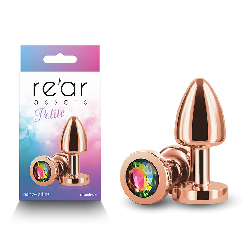 Rear Assets Petite Metal Butt Plug with Rainbow Round Gem Base - Rose Gold